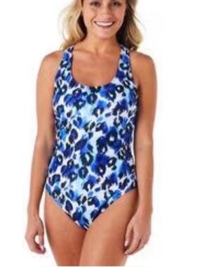 Nicole Miller NWT size Medium One Piece Racerback Swimsuit Blue White Leopard